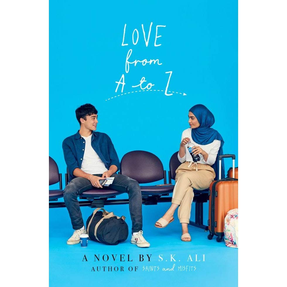 Cover of the novel "Love from A to Z" shows two Asian America teenagers looking at each other in an airport.