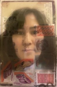 close cropped portrait overlaid with semitransparent image of stamps