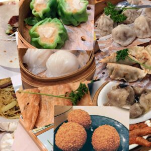 Collage of dim sum items including sesame balls, xiao long bao, and har gow.