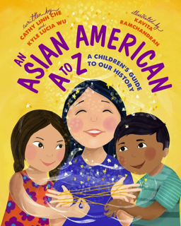 Cover of the book AN ASIAN AMERICAN A TO Z, featuring a woman with a child on either side. Cover has a yellow background.