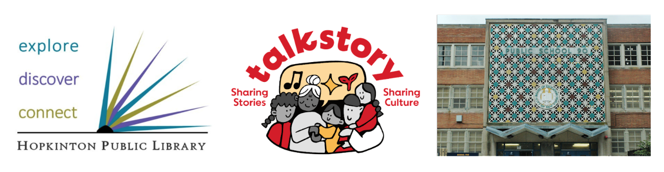 Banner image featuring the Hopkinton Public Library logo, Talk Story logo, and a photo of the front of P.S. 90