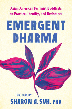 Cover of Emeregnt Dharma, decorated by magenta and purple leaves of the bodhi leaf which holds significance is Buddhism.